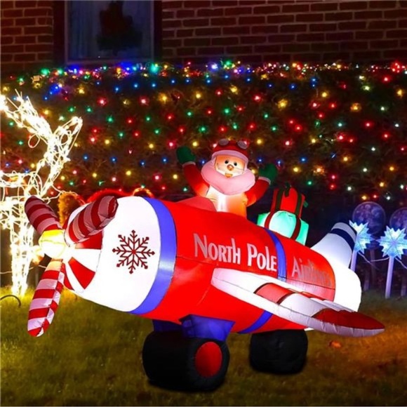 8 Ft Christmas Inflatables, Blow Up Santa Claus Flying Polar Airplane with Gift - Picture 2 of 6